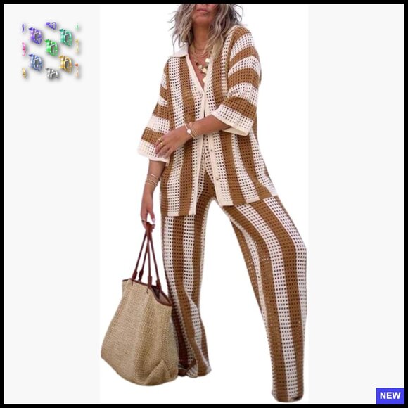 Other - Crochet Button Up Set Wide Leg Pants Boho Chic Vacation Lounge Wear